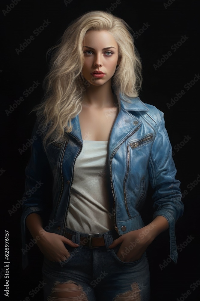 Portrait of a fictional beautiful blonde woman wearing a blue jeans jacket. Generative AI. Portrait of a fictional beautiful blonde woman wearing a blue jeans jacket. Generative AI.