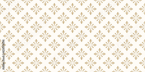 Golden vector geometric floral seamless pattern. Simple white and gold ornamental texture in oriental style. Abstract mosaic background with flower silhouettes, diamond shapes. Luxury repeat design