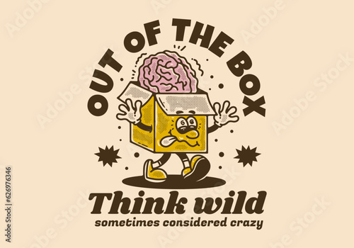 Out of the box, Mascot character of a cardboard box with a human brain on it