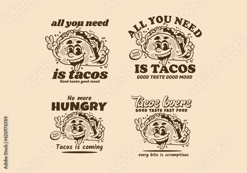 Four style of Mascot character illustration of tacos with happy face