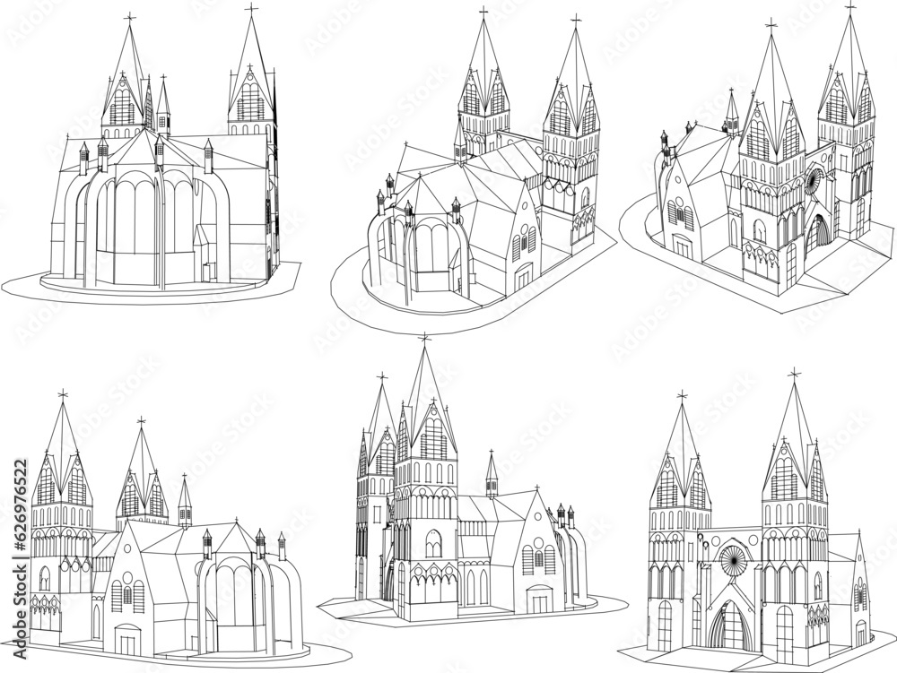 Fototapeta premium Vector sketch of vintage old church architecture illustration with twin high towers and big windows