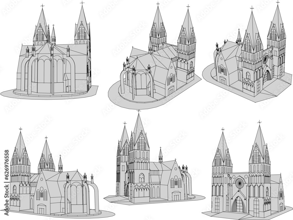 Vector sketch of vintage old church architecture illustration with twin high towers and big windows