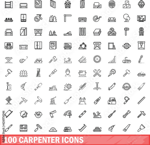 100 carpenter icons set. Outline illustration of 100 carpenter icons vector set isolated on white background