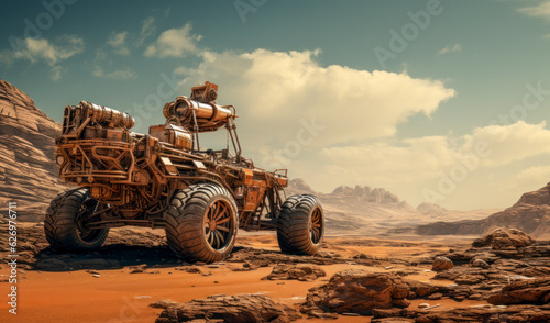 Marsrover während der Mission, futuristisches Raumfahrzeug auf der Oberfläche eines fremden Planeten, generative KI © pwmotion