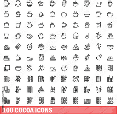 100 cocoa icons set. Outline illustration of 100 cocoa icons vector set isolated on white background