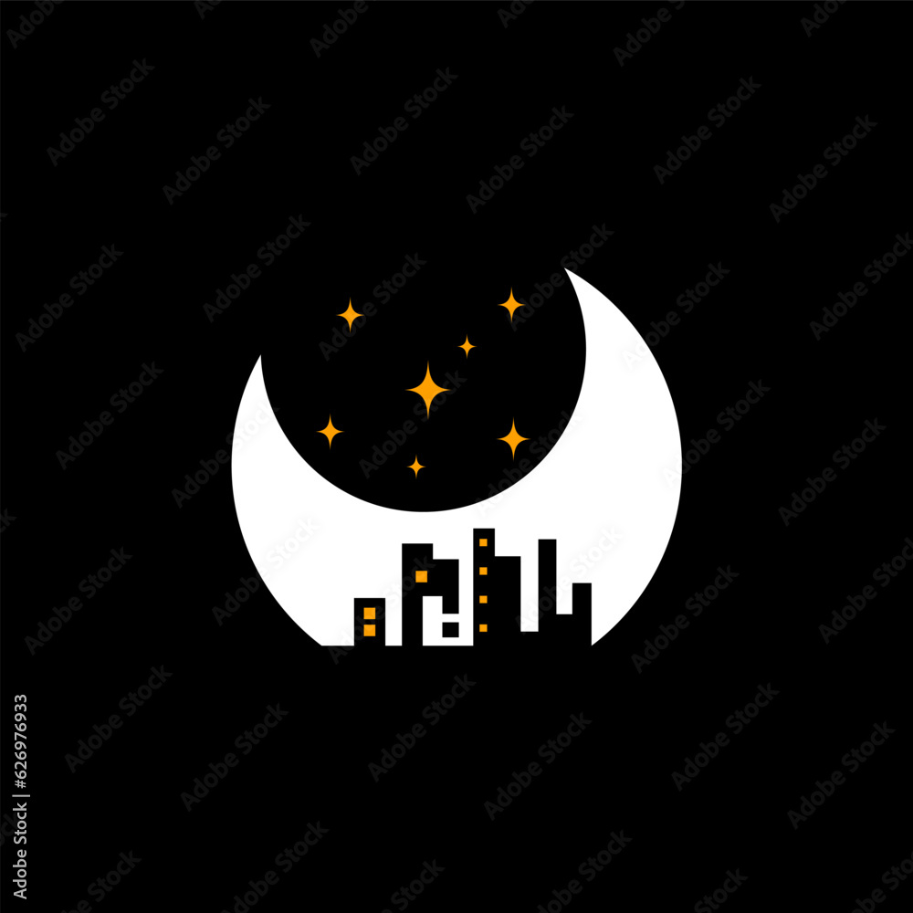 City view logo vector illustration at night with crescent moon and stars background. Moon logo with skyscraper silhouette
