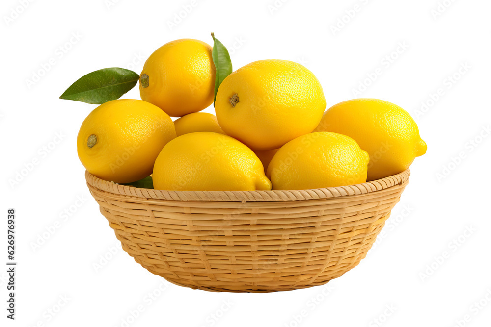 A realistic portrait of Lemons in a basket, isolated PNG