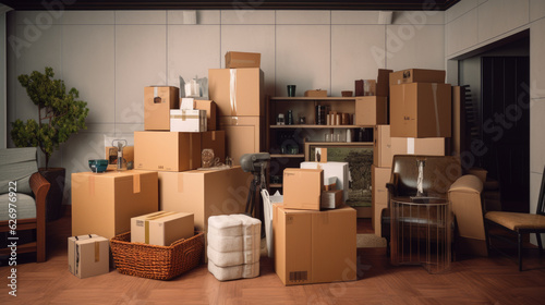 A pile of moving boxes in the room. Created with Generative AI technology. © MP Studio