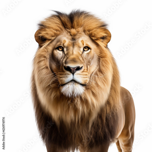 Portrait of lion looking at the camera isolated on white background.
