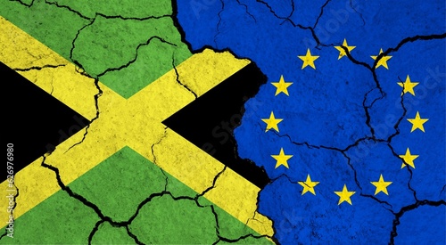 Flags of Jamaica and European Union on cracked surface - politics, relationship concept