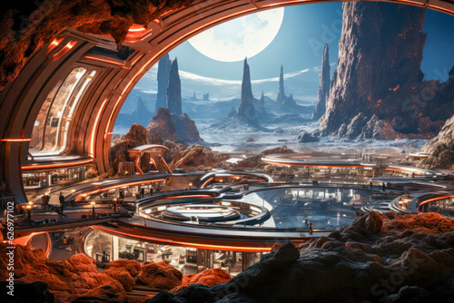 Futuristische Raumstation oder Kolonie auf einem anderen Planeten, Science-Fiction. Generative AI © pwmotion