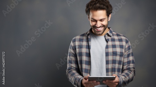 man with mobile tablet on gray background