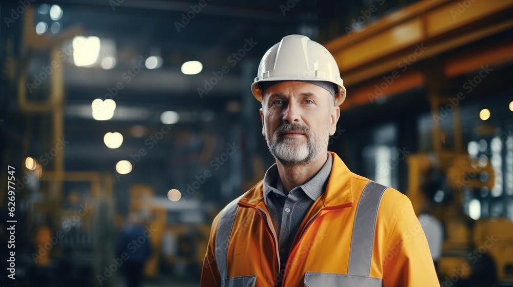 Industrial Engineers in Hard Hats.Work at the Heavy Industry Manufacturing Factory.industrial worker indoors in factory. man working in an industrial factory.Safety first concept with generative ai