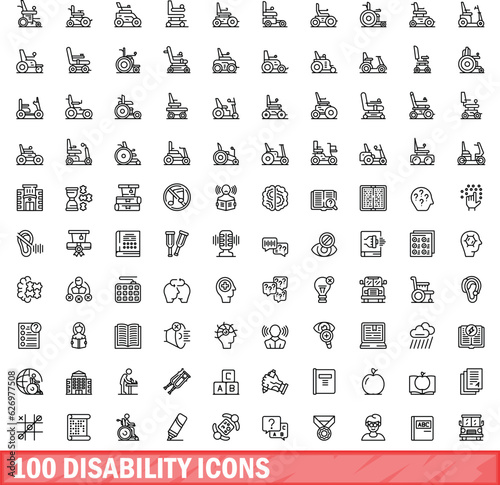 100 disability icons set. Outline illustration of 100 disability icons vector set isolated on white background