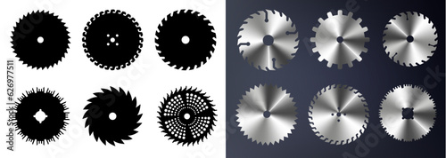 Circular saw blade. Round carpentry tool icons. Industrial rotary wheels.Vector