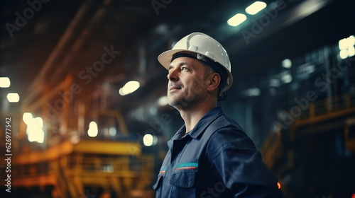 Industrial Engineers in Hard Hats.Work at the Heavy Industry Manufacturing Factory.industrial worker indoors in factory. man working in an industrial factory.Safety first concept with generative ai photo