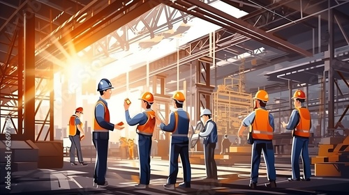 industrial factory with men at work concept, professional engineer foreman inspector talking in business occupation job teamwork with team with generative ai