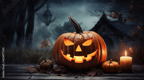 Halloween pumpkin head jack lantern on Spooky background. © MP Studio