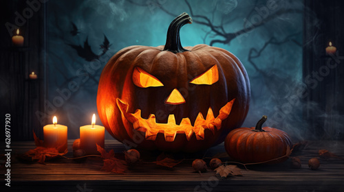 Halloween pumpkin head jack lantern on Spooky background.