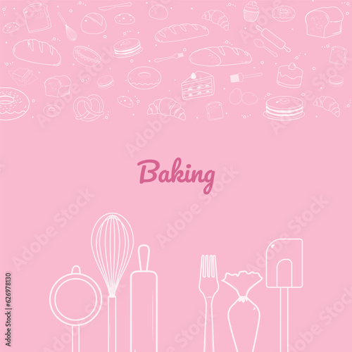 Baking tools and bakery outline icons background