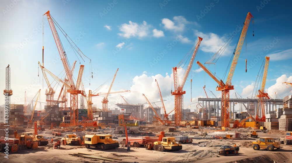 large cranes at a large construction site with generative ai