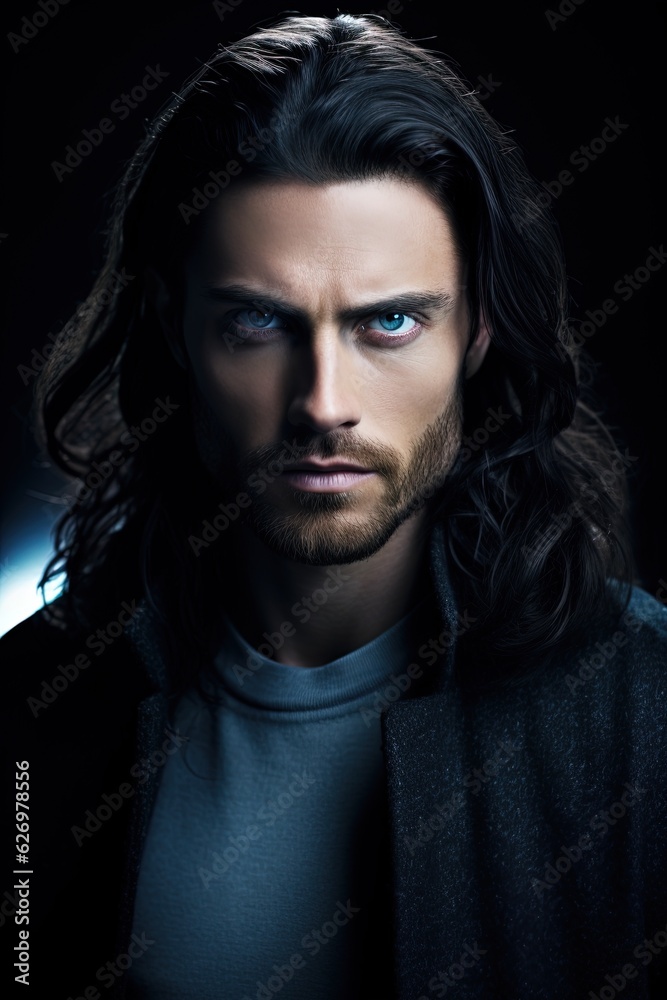 Sigma White Male with long Black Hairs and Blue Eyes dressing Black Smoking Dress. Businessman Sigma White Male with long Black Hairs and Blue Eyes dressing Black Smoking Dress. Businessman