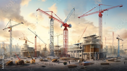 large cranes at a large construction site with generative ai