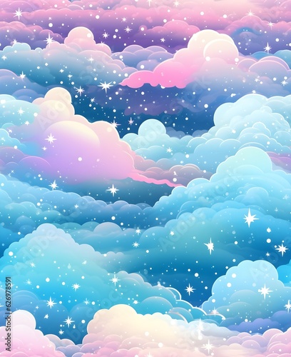 Jasne błękitne różowe chmury. Chmury i gwiazdy. Tapeta. Pattern, Generative AI