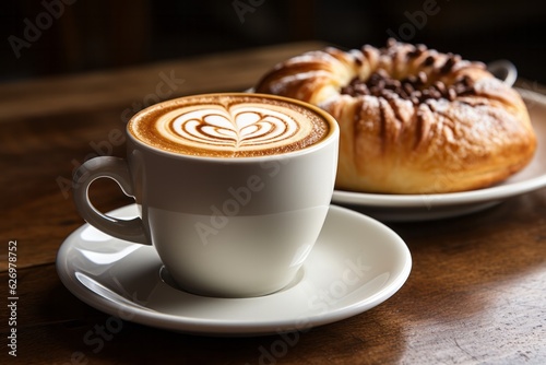 Illustration of a delicious cinnamon roll served with a hot cup of coffee created with Generative AI technology