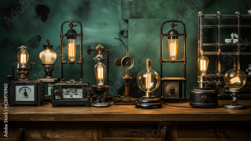 A collection of vintage industrial-style table lamps, combining metal and glass elements for a unique vintage appeal Generative AI © Наталья Евтехова