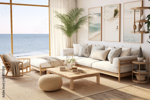 Create a beach-inspired minimalist apartment with natural textures like rattan furniture, jute rugs, and ocean-themed artwork, creating a soothing coastal retreat within an urban e Generative AI © Maksym