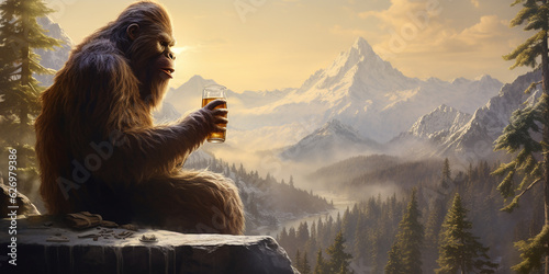 Bigfoot drinking a cold craft beer with scenic view. Generative AI