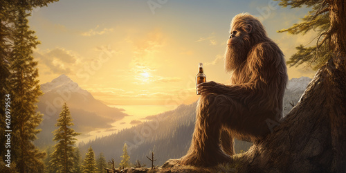 Photographie Bigfoot drinking a cold craft beer with scenic view