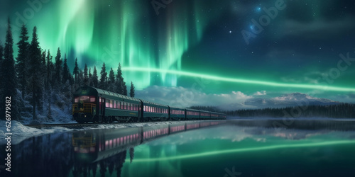 Polar Express Journey Through Snowy Landscape With Green Glowing Northern Lights in Night Sky - AI generated
