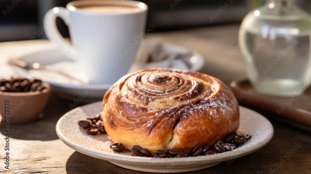 Illustration of a delicious cinnamon roll served with a hot cup of coffee created with Generative AI technology
