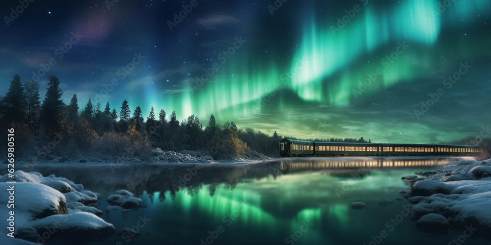 Polar Express Journey Through Snowy Landscape With Green Glowing Northern Lights in Night Sky - AI generated