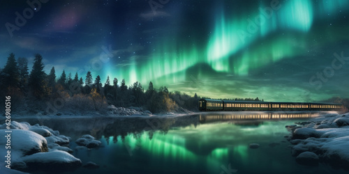 Polar Express Journey Through Snowy Landscape With Green Glowing Northern Lights in Night Sky - AI generated © artefacti