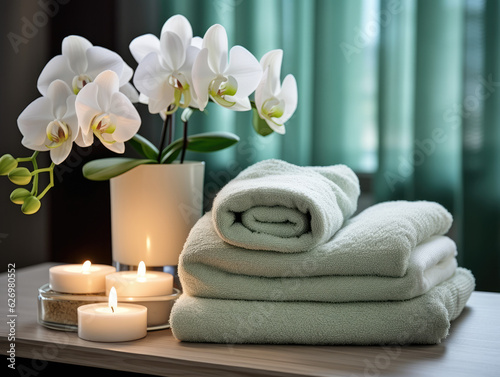 Zen Spa Atmosphere: Towels, Candles, and White Flowers Arrangement. AI GENERATIVE
