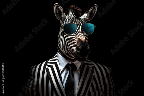 a zebra wearing a suit and sunglasses