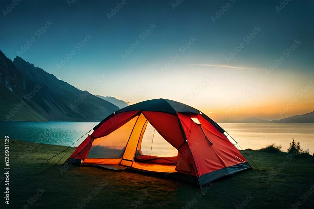 Tent for picnic on the beautiful blue lake near Ganja, Azerbaijan