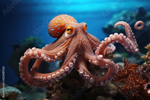 octopus on a coral reef, underwater . AI Generated