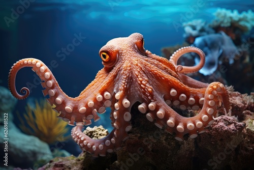 octopus on a coral reef, underwater . AI Generated © dark_blade