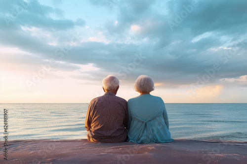 An elderly couple on the beach during sunset