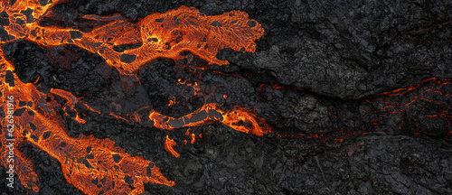 Fotografie, Tablou Aerial view of the texture of a solidifying lava field, close-up