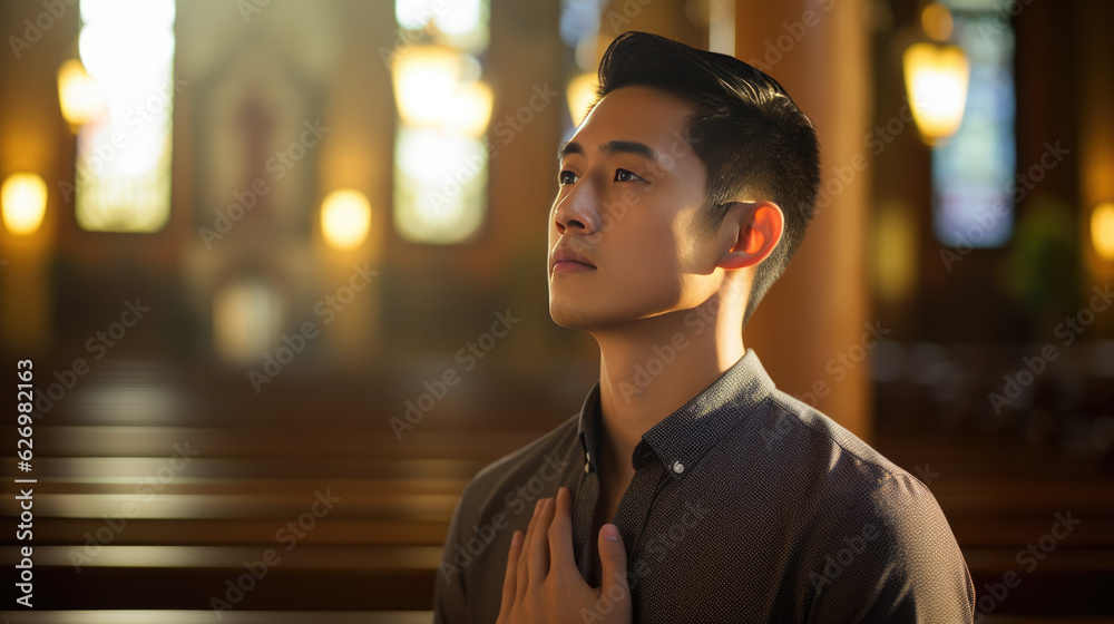 Fototapeta premium Young man praying in a church.