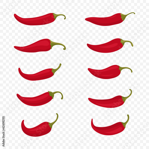 Flat Vector Red Whole Fresh and Hot Chili Pepper Icon Set Closeup Isolated. Spicy Chili Hot or Bell Pepper Collection, Design Templates. Front View. Vector Illustration