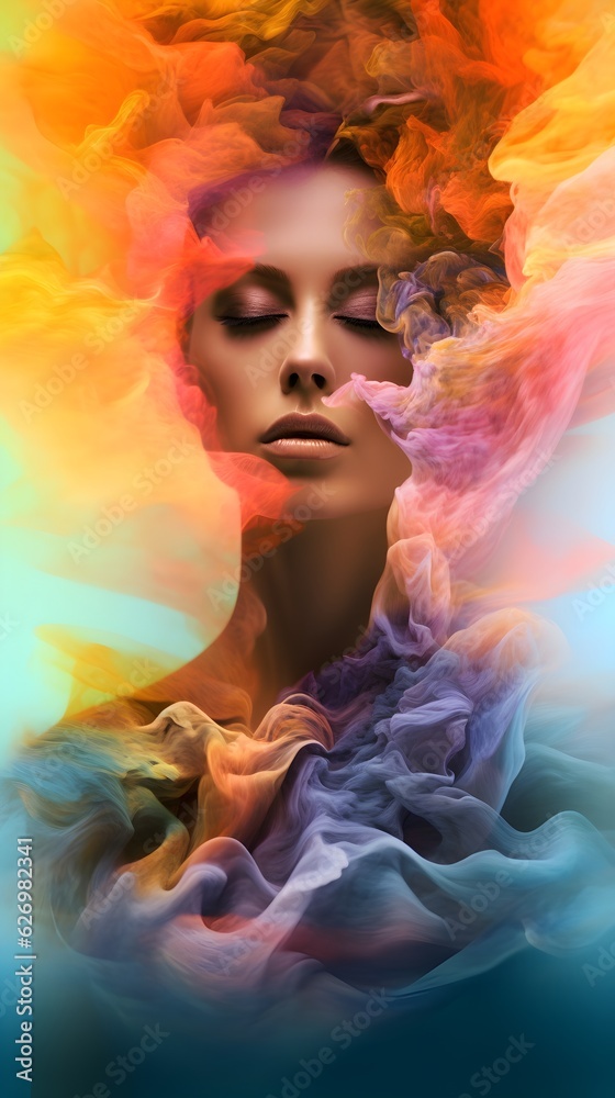a woman with colorful smoke