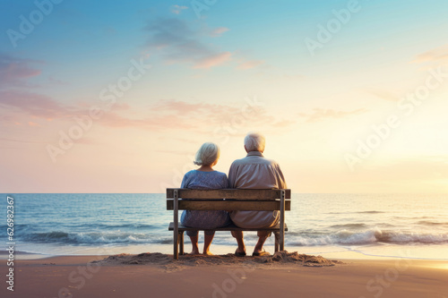 An elderly couple on the beach during sunset