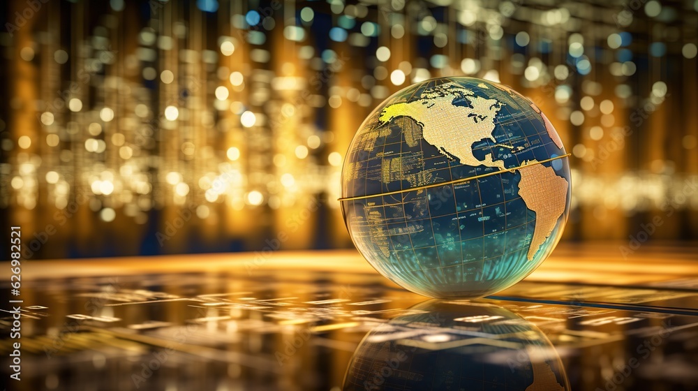 Reflection of graphs and data with glass globe in foreground, generative ai Reflection of graphs and data with glass globe in foreground, generative ai