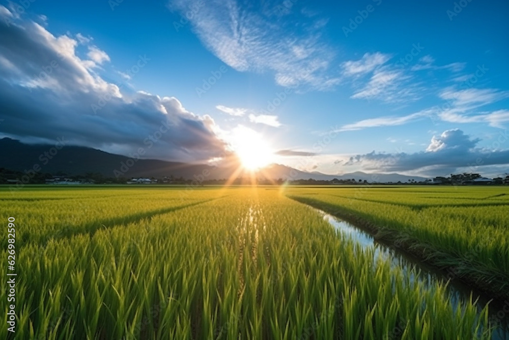 Paddy rice field blue sky with sunrise background.Generative Ai.